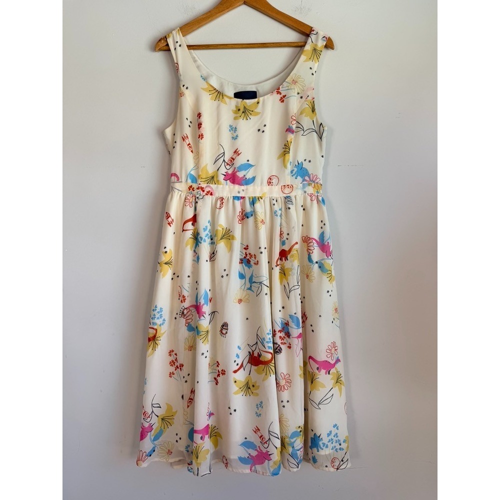 Modcloth Whimsical Floral Print Fit and Flare Midi Dress Large Artsy Dinosaurs